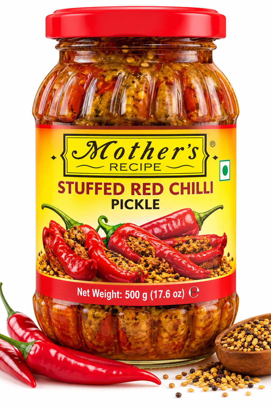 Mother’s Red Chilli Pickle 500g – Traditional Indian Spicy Red Chilli Achar, Authentic Pickle for Indian Meals, 500 Gram Jar