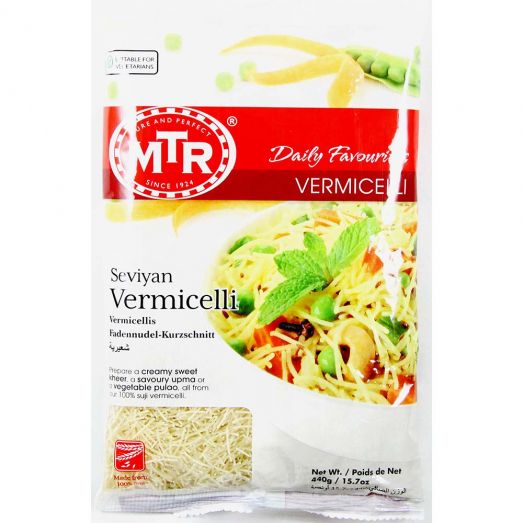 Packaged MTR Vermicelli (Seviyan) available in 440g and 950g sealed packs, showing golden roasted wheat vermicelli strands inside. Premium quality thin noodles ideal for preparing Indian desserts like kheer and savoury dishes such as vermicelli upma.
