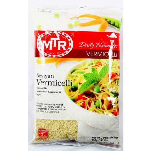Packaged MTR Vermicelli (Seviyan) available in 440g and 950g sealed packs, showing golden roasted wheat vermicelli strands inside. Premium quality thin noodles ideal for preparing Indian desserts like kheer and savoury dishes such as vermicelli upma.