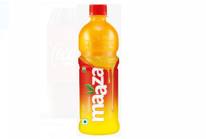 Maaza Mango Drink 1 litre plastic bottle with red cap and bright yellow and red mango drink packaging on a white background.