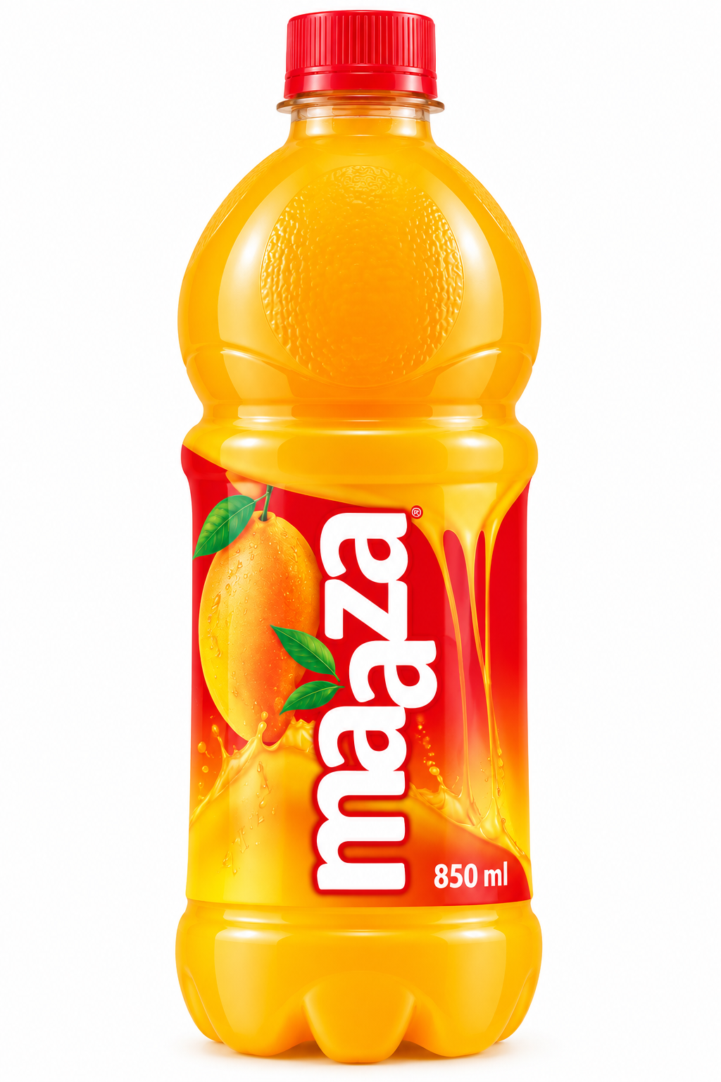 Maaza Mango Drink 850ml in a glossy yellow-orange plastic bottle with a red cap, bold white Maaza branding, mango imagery and orange-yellow splash graphics.