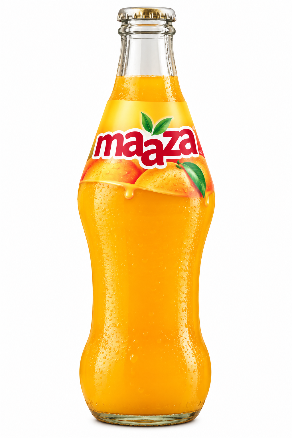 Maaza Mango Drink glass bottle featuring a metallic gold cap, orange mango drink, yellow and orange label, red Maaza branding, and fresh mango illustrations.