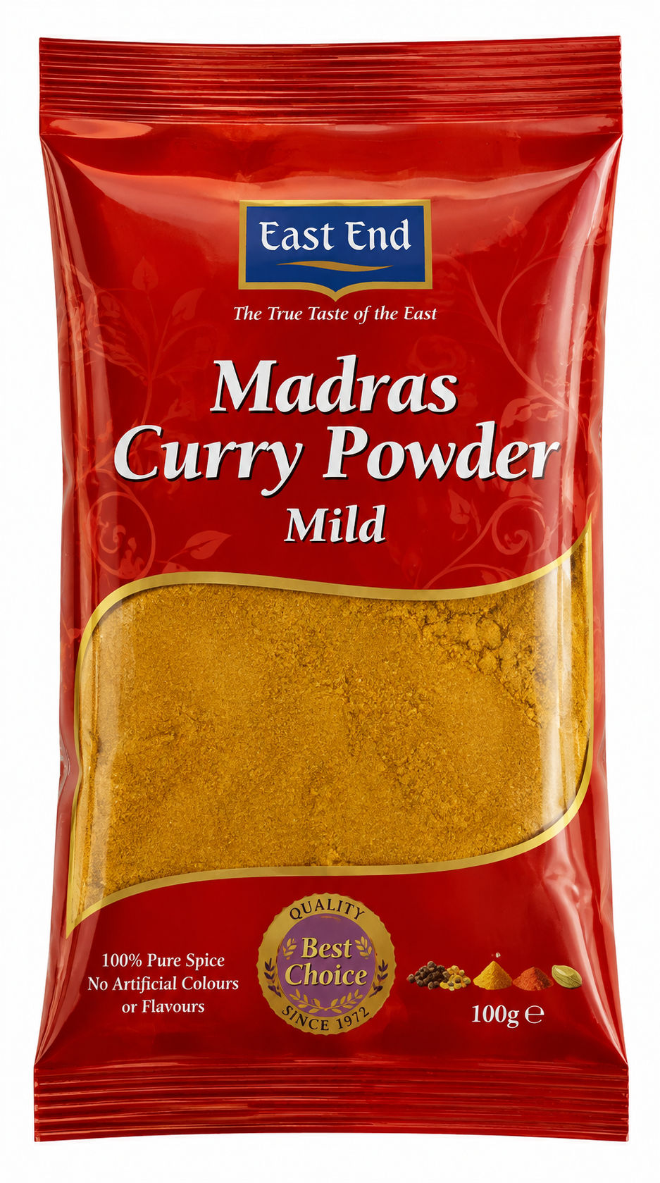 East End Madras Curry Powder Mild 100g spice pouch on a white background
