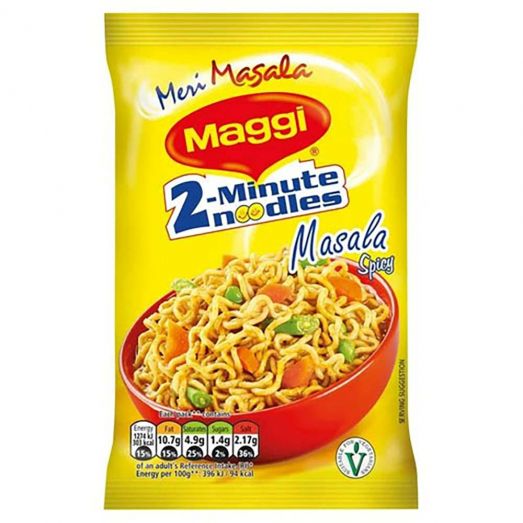 Maggi Masala Noodles 50g single serve packet featuring the classic yellow packaging with masala flavour seasoning sachet, alongside a bowl of cooked spicy instant noodles ready to eat.