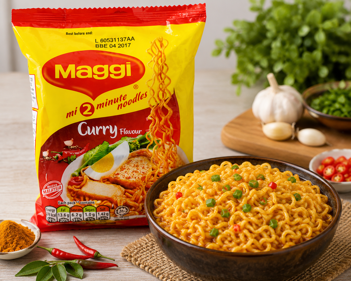 A bag of Maggi Mi 2 Minute Noodles Curry Flavour stands next to a dark bowl filled with cooked yellow noodles, garnished with green herbs and red chili peppers, on a rustic tabletop with garlic, herbs, and spices in the background.