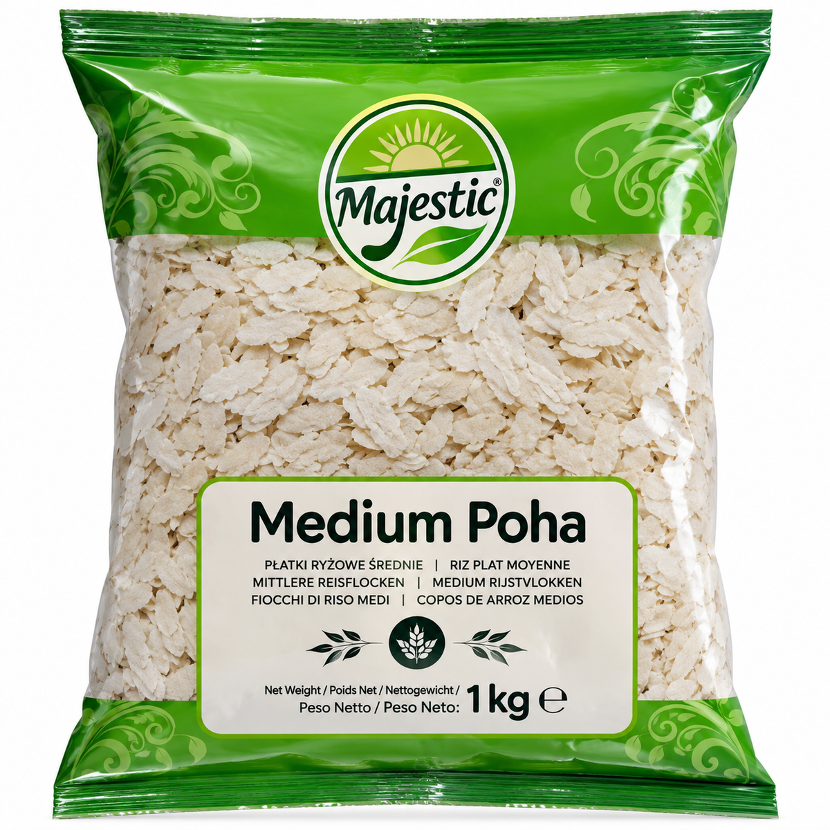 Majestic Medium Poha 1kg in green and clear packaging, showing off-white flattened rice flakes through a transparent window with the Majestic logo.