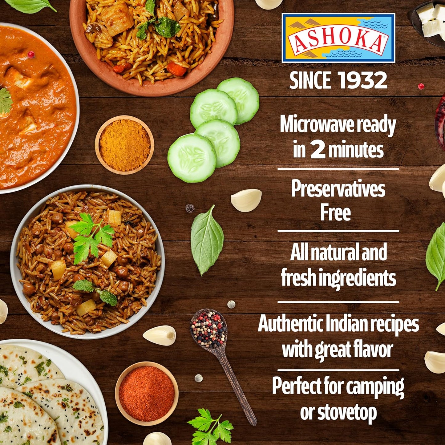 Promotional image of Indian food dishes with Ashoka brand logo and text on a wooden background.