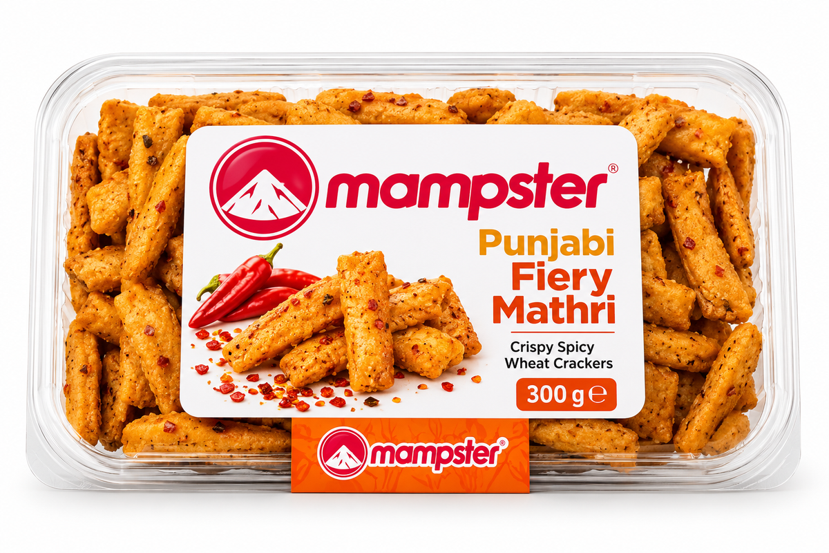 Mampster Punjabi Fiery Mathri 300g featuring a clear plastic tray filled with golden, spicy mathri crackers, red chilli pieces, and branded packaging with fiery chilli imagery.