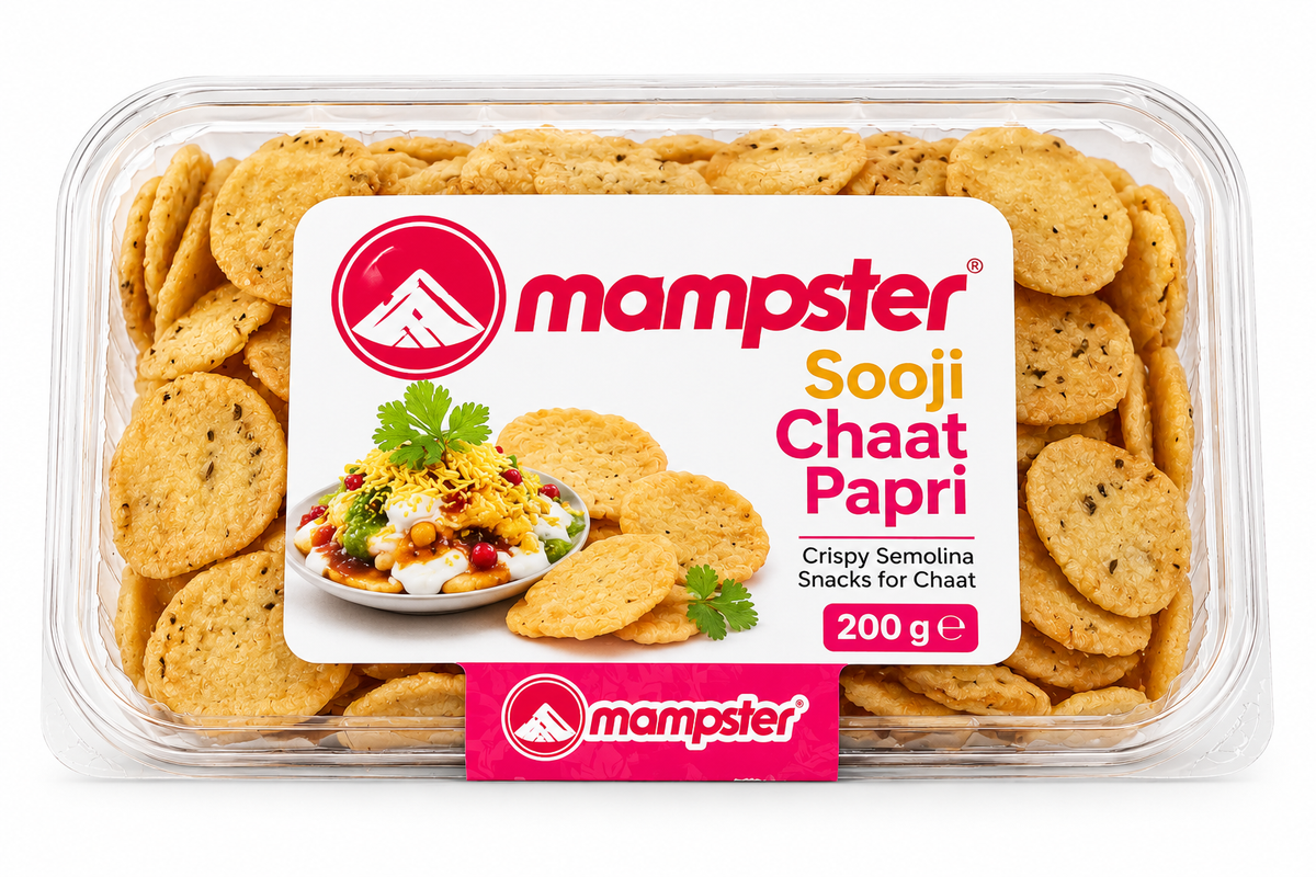 Mampster Sooji Chaat Papri 200g featuring a clear plastic tray filled with golden, crispy semolina papri crackers and branded packaging with a chaat serving suggestion.