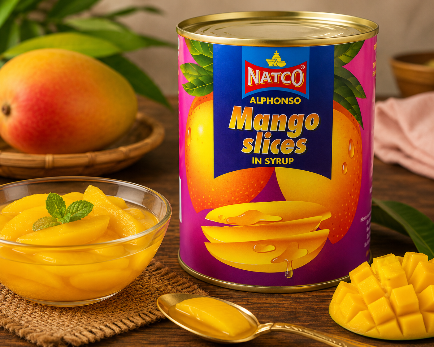 A can of Natco Alphonso Mango slices in syrup displayed on a rustic wooden table with a glass bowl of mango slices, a spoon, and fresh mangoes in the background.