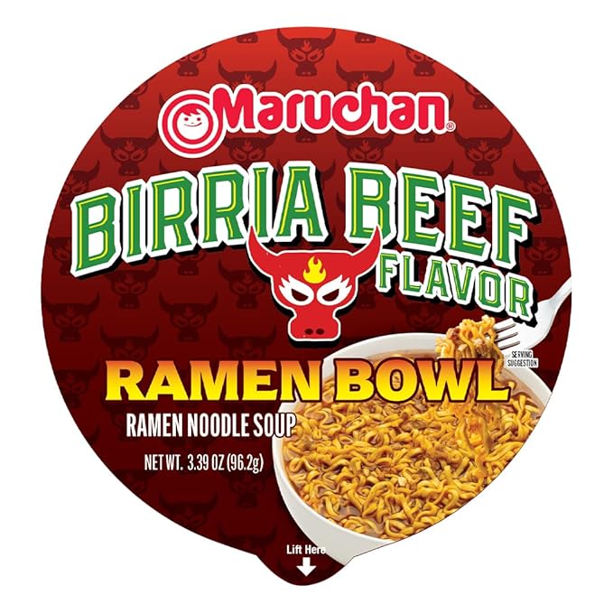 Close-up of Maruchan Bowl Birria Beef showing brand and flavor details.