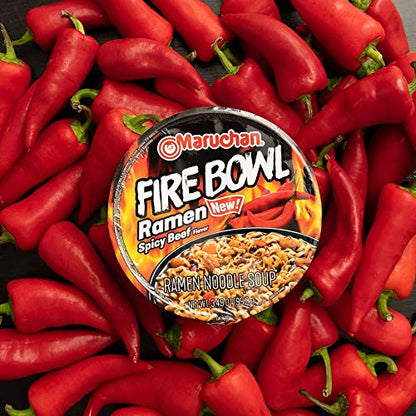Top-down view of unopened Maruchan Fire Bowl Ramen Spicy Beef, 3.49 oz.
