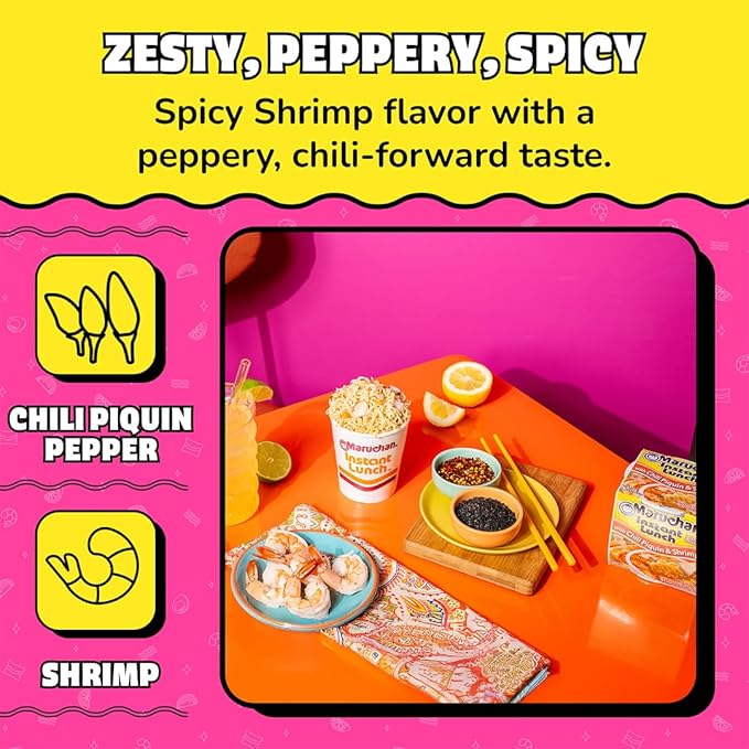 Maruchan Chili Piquin & Shrimp Instant Lunch packaging showing spicy noodles and shrimp flavor