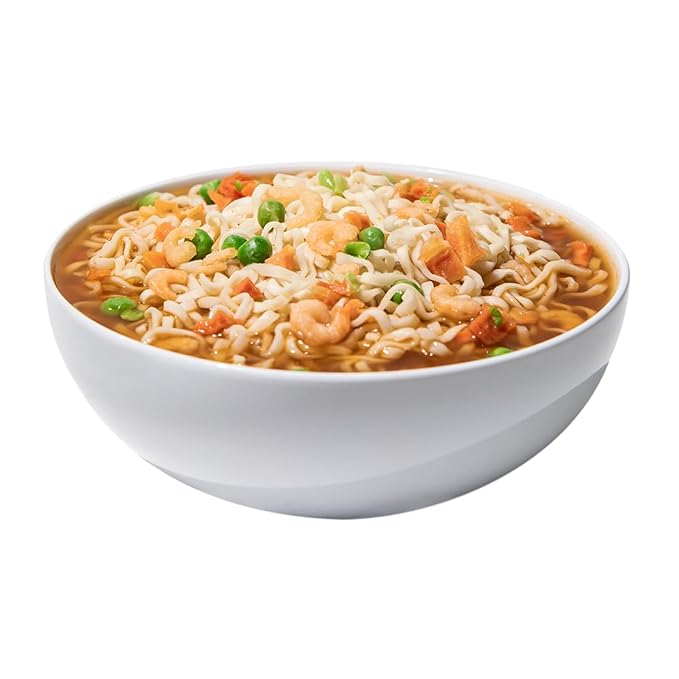 Maruchan 3.3 oz Spicy Shrimp Flavor ramen noodles and vegetables bowl, ready to prepare.