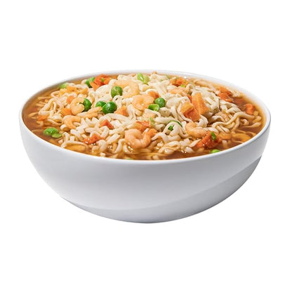 Maruchan 3.3 oz Spicy Shrimp Flavor ramen noodles and vegetables bowl, ready to prepare.