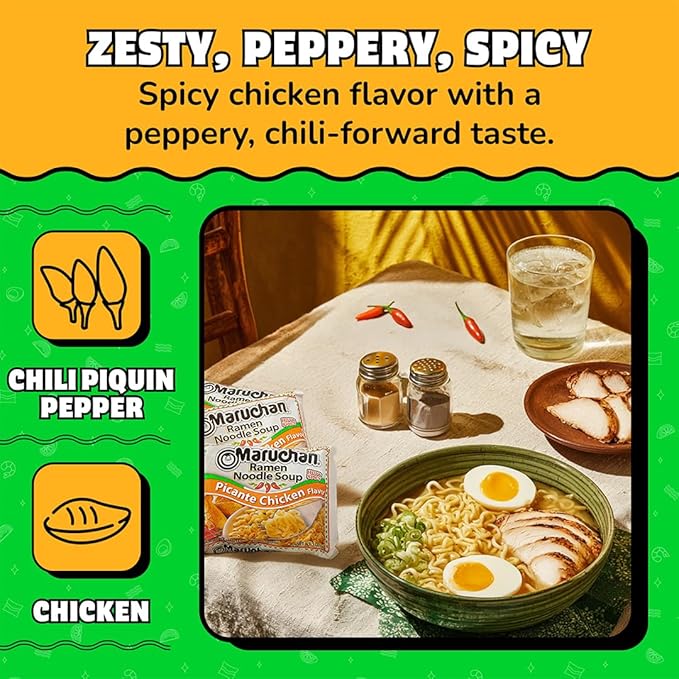 Close-up of Maruchan Picante Chicken ramen packaging showing brand and flavour.