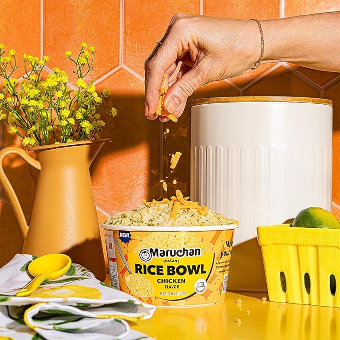 Top-down view of unopened Maruchan Bowl Instant Rice Chicken, 3.76 oz.