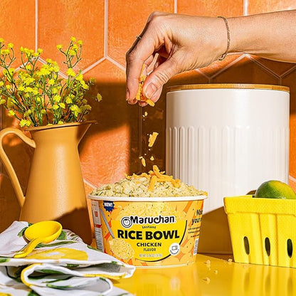 Top-down view of unopened Maruchan Bowl Instant Rice Chicken, 3.76 oz.