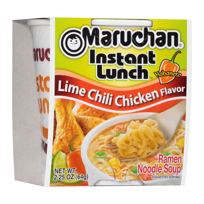 Front view of Maruchan Lime Chili Chicken Flavor Instant Lunch Ramen 2.25 oz bowl