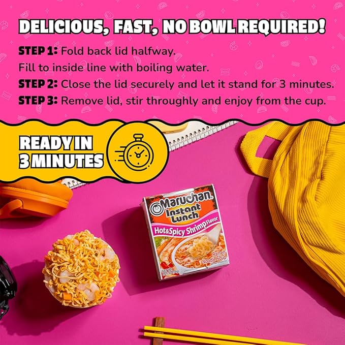 Close-up of Maruchan Hot & Spicy Shrimp Noodles cup showing brand and flavor.