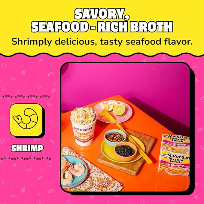 Top-down view of unopened Maruchan Instant Lunch Shrimp Noodles cup.