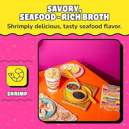 Top-down view of unopened Maruchan Instant Lunch Shrimp Noodles cup.