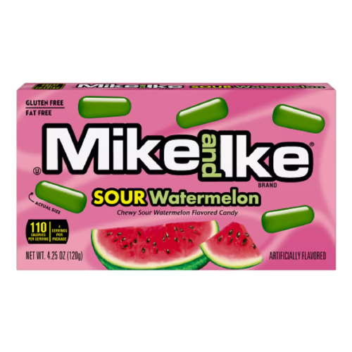 Close-up of Mike & Ike Sour Watermelon candies – juicy chewy watermelon sweets coated in sour sugar