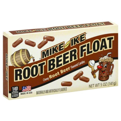 Mike & Ike Root Beer Float candy bag opened showing brown chewy sweet