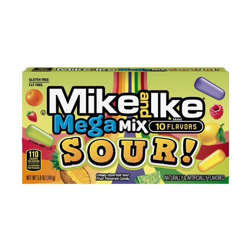 Mike & Ike Mega Mix Sour theatre box opened revealing colourful sour chewy candies
