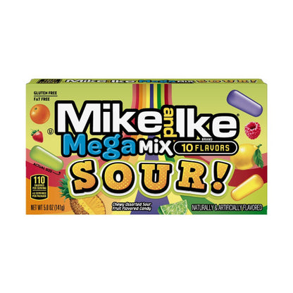 Mike & Ike Mega Mix Sour theatre box opened revealing colourful sour chewy candies