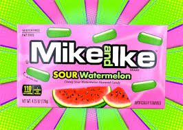 Close-up of Mike & Ike Sour Watermelon candies – juicy chewy watermelon sweets coated in sour sugar