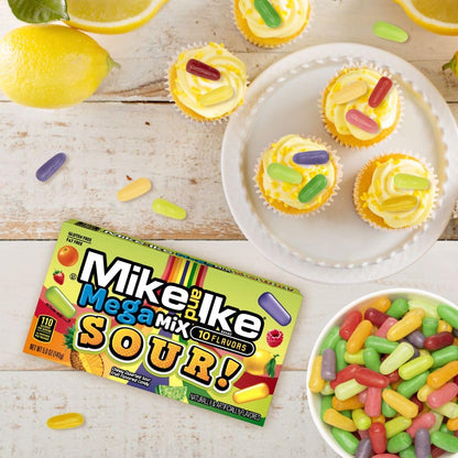 Mike & Ike Mega Mix Sour theatre box opened revealing colourful sour chewy candies