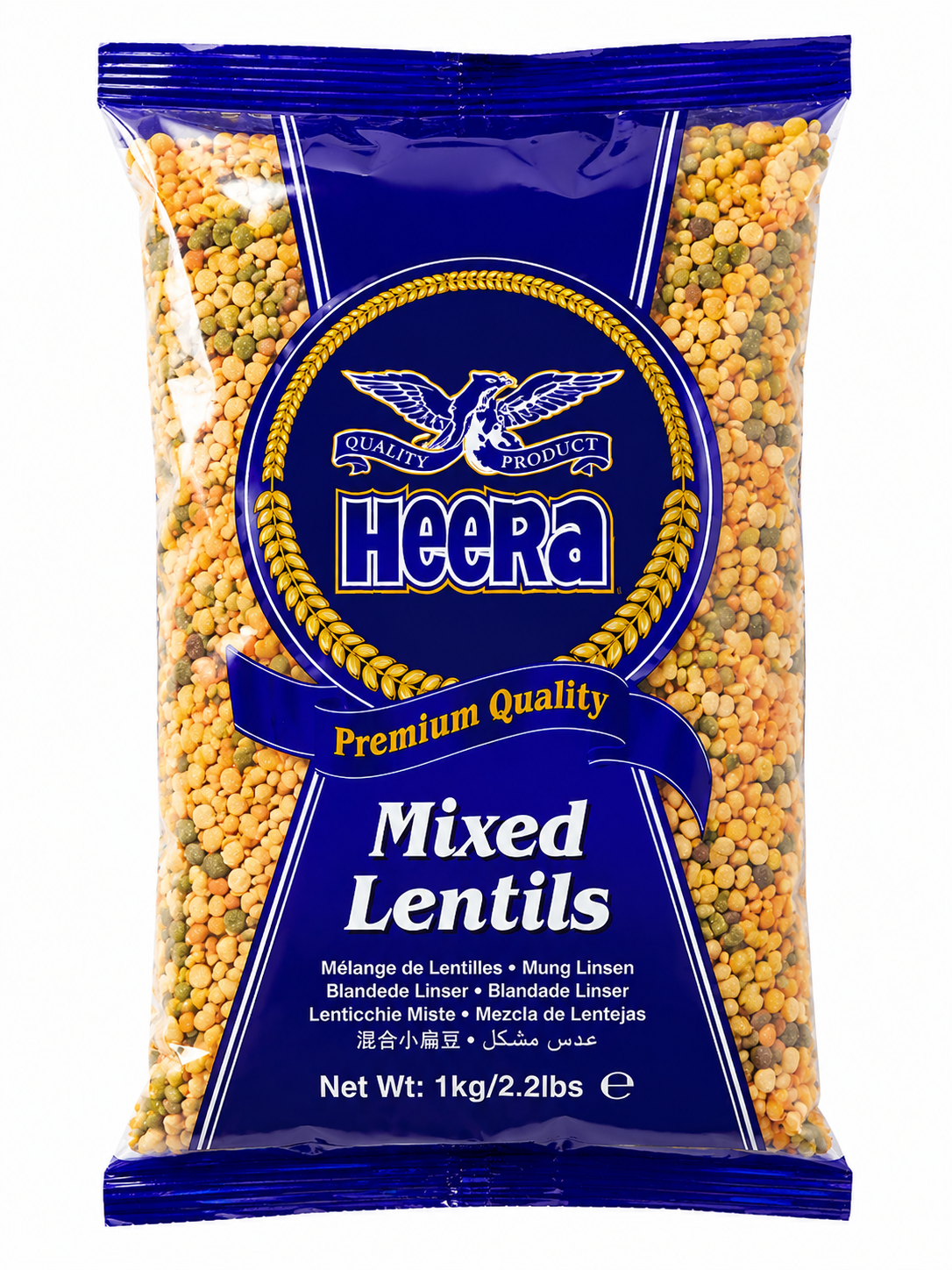 A 2kg bag of Heera Premium Quality Mixed Lentils, featuring yellow and green lentils visible through a clear plastic bag with a blue and gold label.