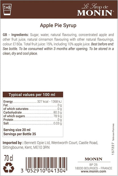 MONIN Premium Apple Pie Syrup 700ml – vegan-friendly natural syrup for cocktails, coffee, and desserts.