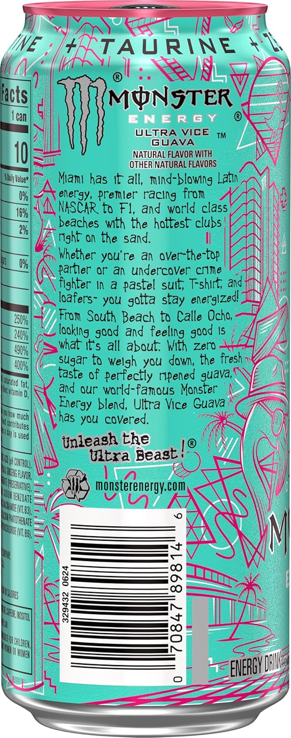 Back view of Monster Energy Ultra Vice Guava Zero Sugar 473ml can showing product description text, nutrition panel, barcode, and teal-and-pink Miami-inspired artwork.
