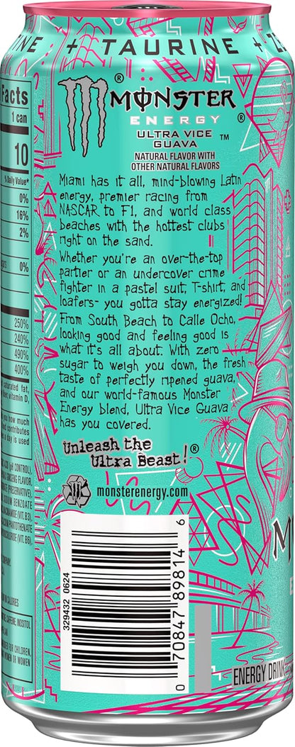 Back view of Monster Energy Ultra Vice Guava Zero Sugar 473ml can showing product description text, nutrition panel, barcode, and teal-and-pink Miami-inspired artwork.
