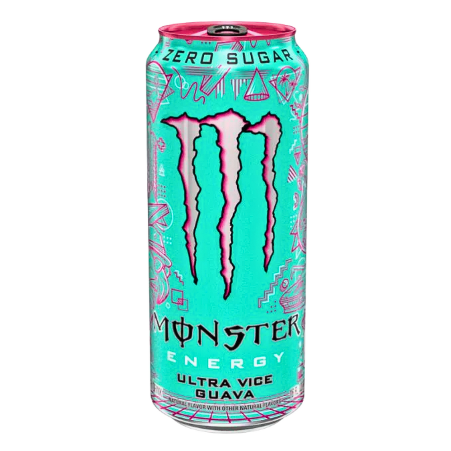 Monster Energy Ultra Vice Guava Zero Sugar 473ml can with turquoise background, pink accents, and bold Monster claw logo.