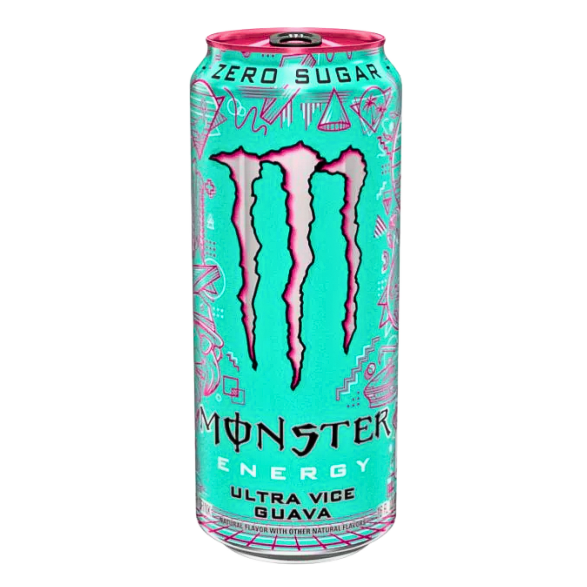 Monster Energy Ultra Vice Guava Zero Sugar 473ml can with turquoise background, pink accents, and bold Monster claw logo.