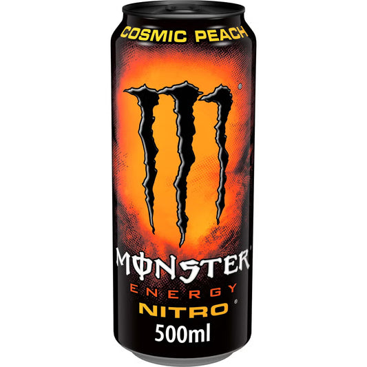 Monster Energy Nitro Cosmic Peach 500 ml cans in a smooth nitro-infused energy drink with peach flavor.