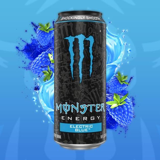 Monster Energy Electric Blue can on blue background with splashing water and blue raspberry imagery highlighting the flavor.
