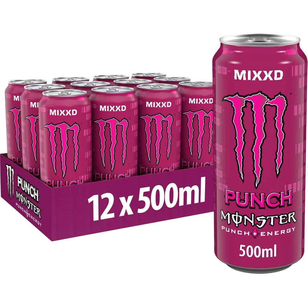 Monster Energy Punch Mixxd 500ml energy drink can on white background