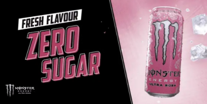 Monster Energy Ultra Rosa 500ml can, showcasing the vibrant design and unique strawberry-raspberry citrus flavor for an energy boost without sugar.