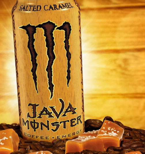 Monster Java Salted Caramel 444ml can, offering a rich coffee and salted caramel flavor combination with real coffee, caffeine, and B-vitamins for a creamy, energizing experience.