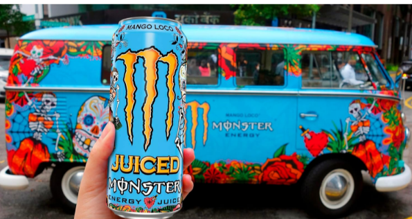 Monster Juice Mango Loco 500ml can, featuring vibrant mango and citrus flavor, providing a refreshing and energizing tropical drink with caffeine and B-vitamins.