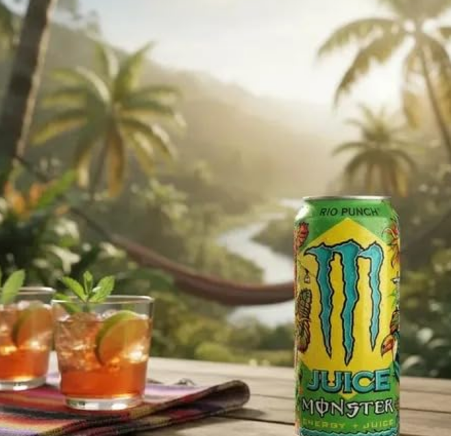 Monster Juice Rio Punch 473ml can, featuring a vibrant tropical fruit punch flavor with passionfruit, orange, and pineapple, offering a refreshing and energizing drink.