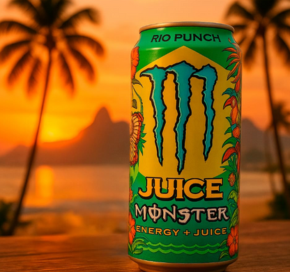 Monster Juice Rio Punch 473ml can, featuring a vibrant tropical fruit punch flavor with passionfruit, orange, and pineapple, offering a refreshing and energizing drink.