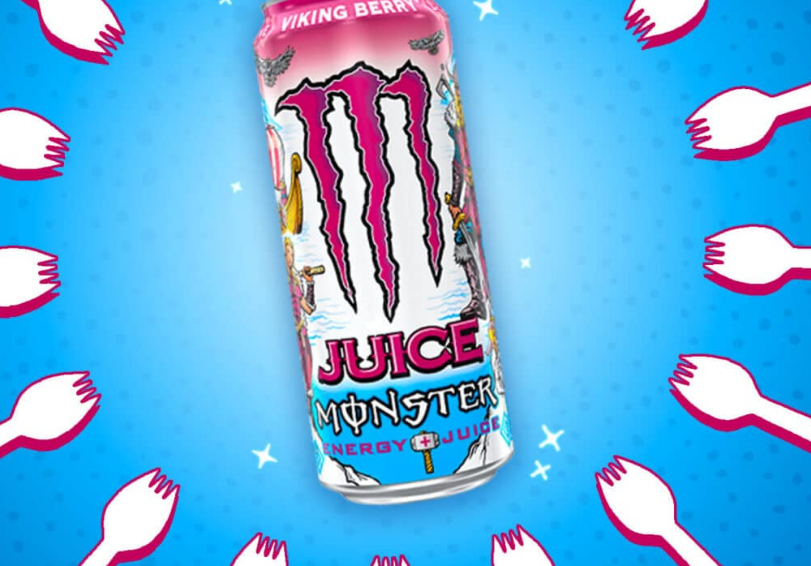 Monster Juice Viking Berry 473ml can, featuring a mix of sweet and tart berries with a refreshing citrus twist, offering a low-calorie, energy-boosting drink.