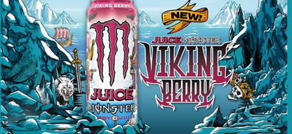 Monster Juice Viking Berry 473ml can, featuring a mix of sweet and tart berries with a refreshing citrus twist, offering a low-calorie, energy-boosting drink.