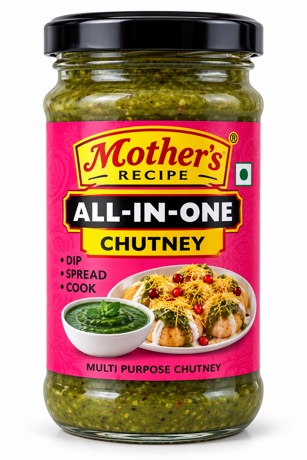 Mother’s Recipe All in One Chutney 250g glass jar with a black lid and bright pink label, featuring green chutney and Indian chaat, suitable for dipping, spreading and cooking.
