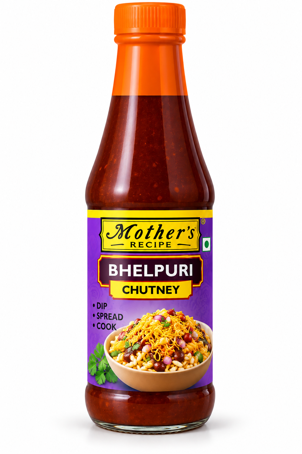 Mother’s Recipe Bhelpuri Chutney 250g bottle with an orange cap and purple label, featuring a bowl of bhelpuri topped with sev, herbs and chutney, ideal for Indian street food and chaat recipes.